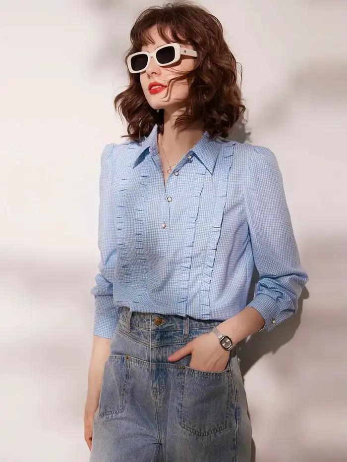 Modiis Yao-Chemise à carreaux à manches longues et bouffantes pour femme