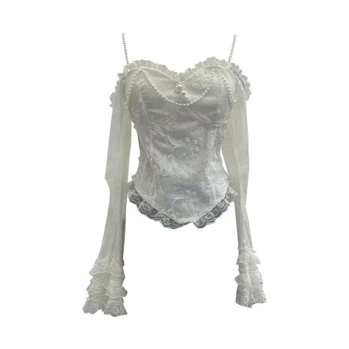 T-shirt en dentelle vintage ISAROSE pour femmes, style français, sans bretelles, imitation perles, bretelles, col en V, manches évasées en maille, hauts slim