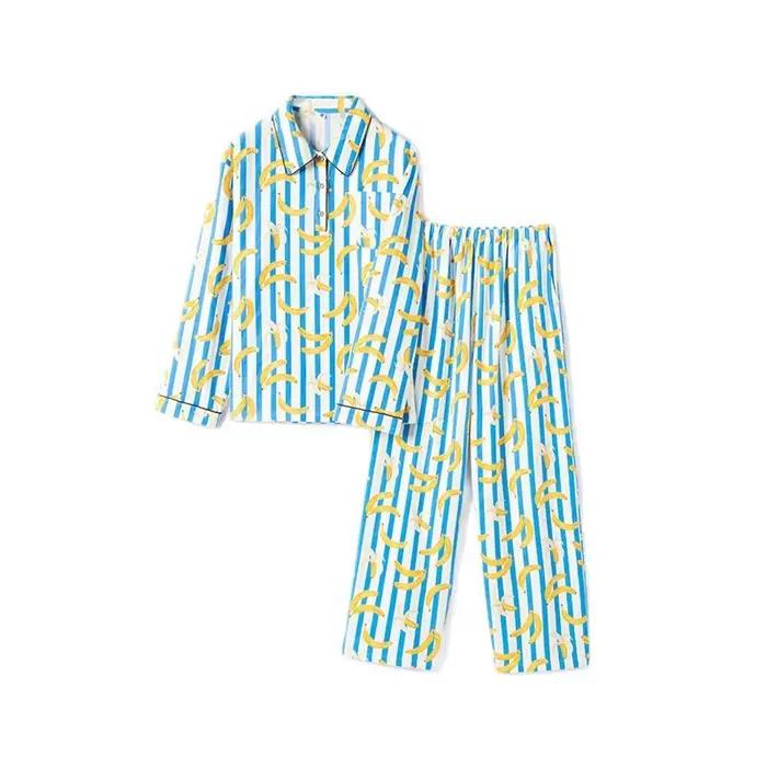 Rayé banane pyjama ensemble femmes mignon dessin animé fruits vêtements de nuit 100% coton à manches longues