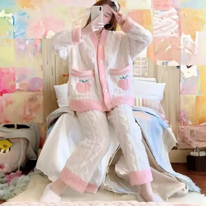 Pyjama épais en flanelle et velours corail fraise