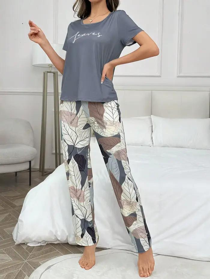 Ensemble 2 pièces de pyjama quatre saisons pour femmes, imprimé Floral élégant, ensemble de pyjama confortable à manches courtes et pantalons longs