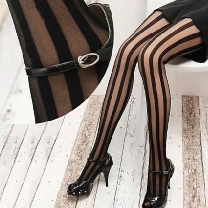 Collants gothiques à rayures verticales pour femmes, nylon et élasthanne, taille unique, occasion rock, soirée gothique, look mystérieux