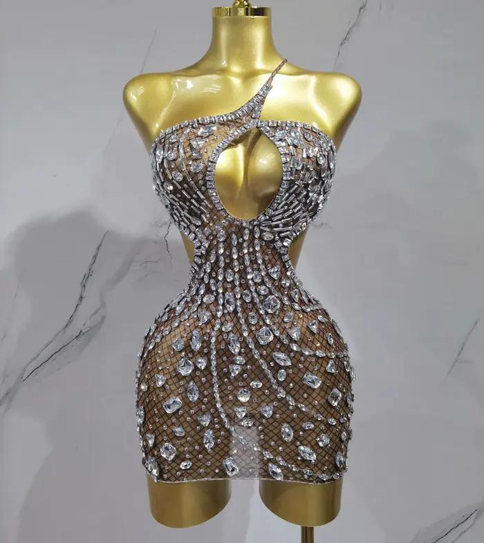 Robe de soirée de luxe sexy dos nu ajourée ornée de diamants pour anniversaire, scène, boîte de nuit et bal de promo
