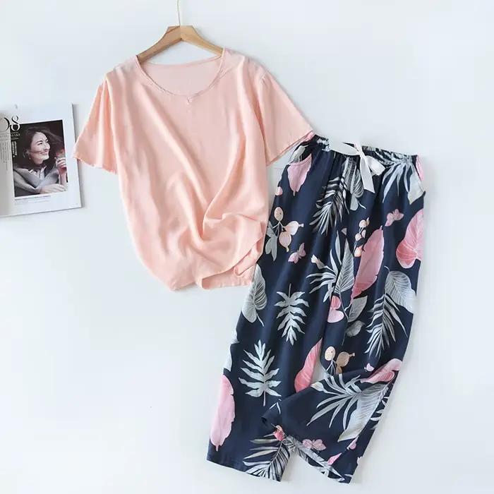 Femmes élégant 2 pièces imprimé fleuri vêtements de ménage dames ample mince rayonne pyjamas ensemble multicolore coton