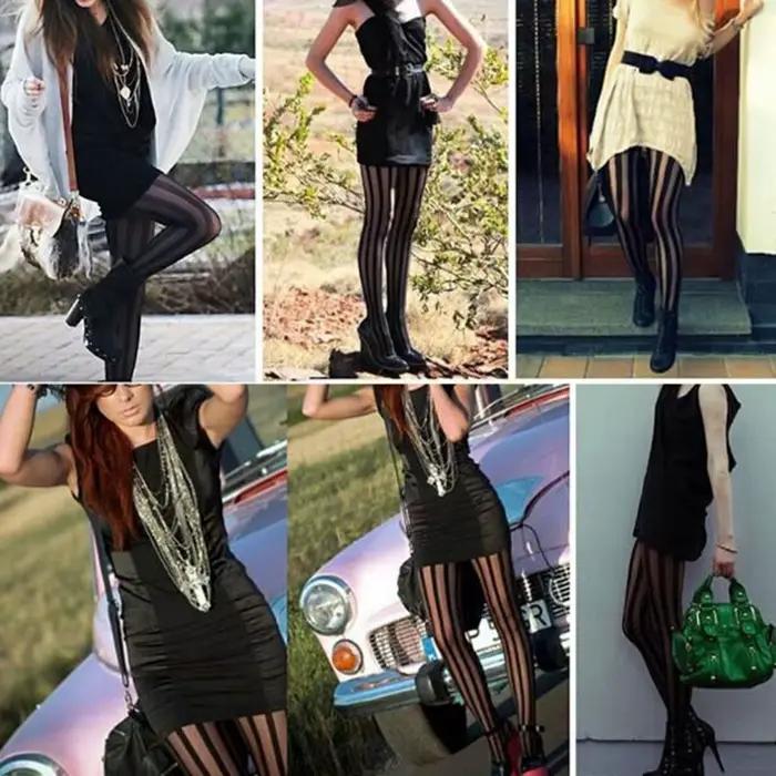 Collants gothiques à rayures verticales pour femmes, nylon et élasthanne, taille unique, occasion rock, soirée gothique, look mystérieux