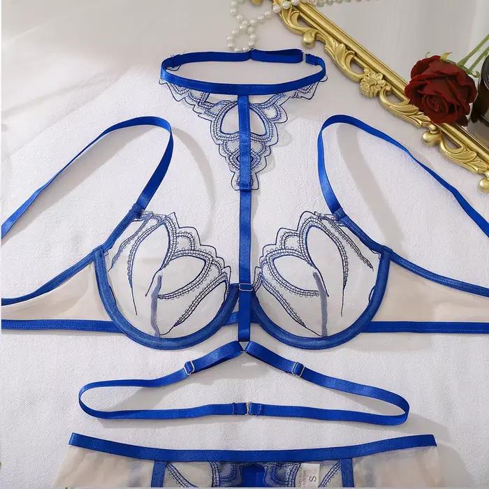 Ensemble de lingerie haut de gamme Ellolace pour femme – Soutien-gorge halter exclusif, ceinture et string 3 pièces – Lingerie sensuelle Cougar Sappire pour soirée, danse et club