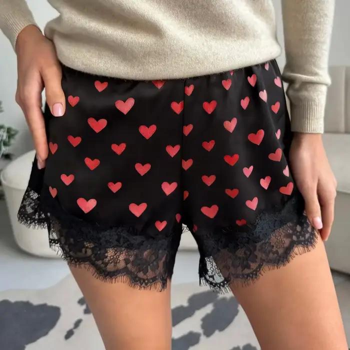 Short en Satin et dentelle imprimé cœur pour femmes, Mini short en soie Y2k, taille élastique, Coquette, Boxer esthétique, jupon, culotte française