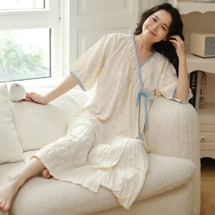 Robe de nuit kimono d'allaitement en coton froissé doux pour l'été