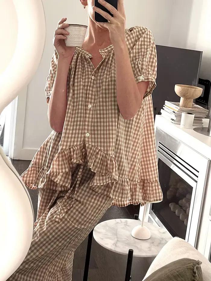 Pyjama à carreaux à manches bouffantes sur le devant pour femmes