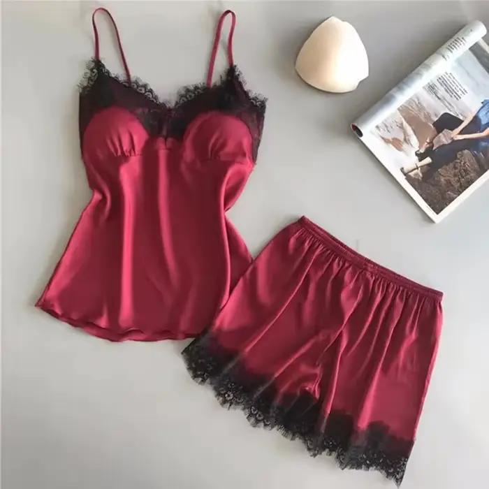 Femmes pyjama costume mode col en v Stretch Satin nuisette dentelle Sexy Lingerie nœud papillon Pyjamas sommeil Shorts ensemble vêtements de nuit nouveau
