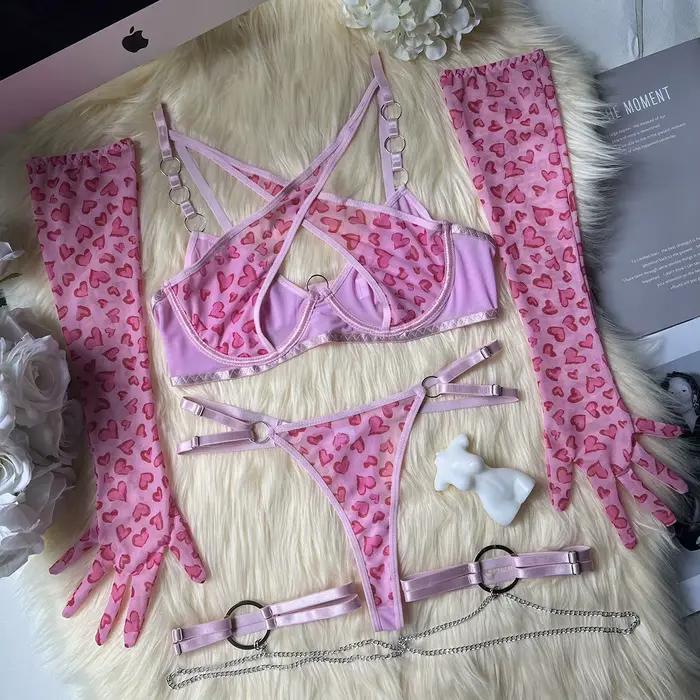 Ellolace léopard Lingerie soutien-gorge croisé Push Up intime voir à travers la dentelle chaude fille sous-vêtements romantique aimant coeur gants bas