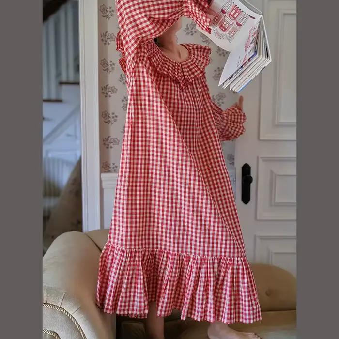 Chemise de nuit ample en coton 100% à carreaux rouges rétro anglais