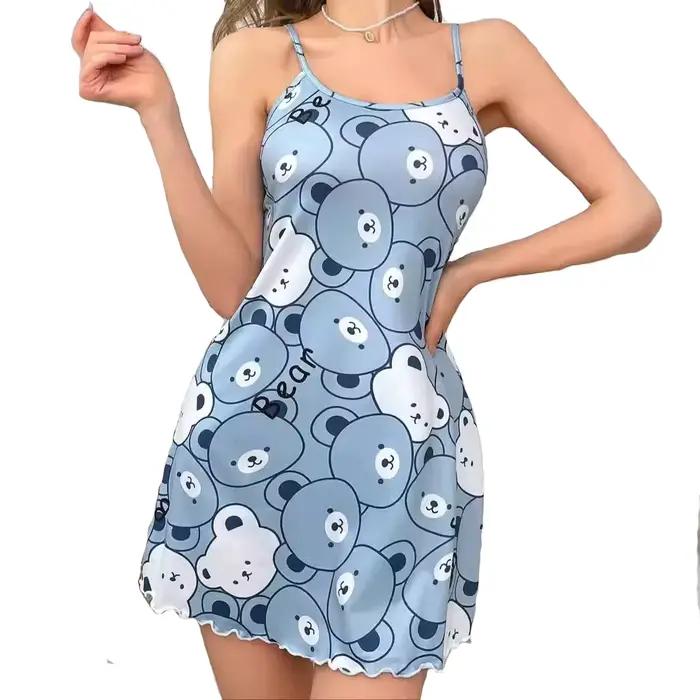 Robe de nuit d'été imprimée ours bleu mignon pour femmes