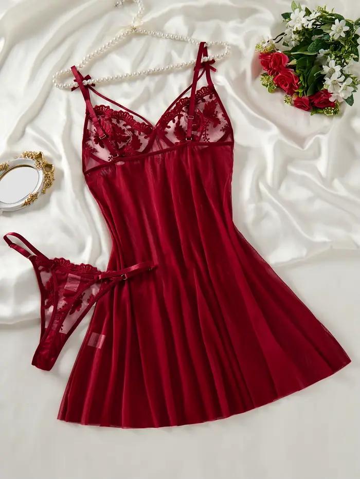 Chemise de nuit semi-transparente brodée d'oreilles de blé style campagne rouge vin pour femme