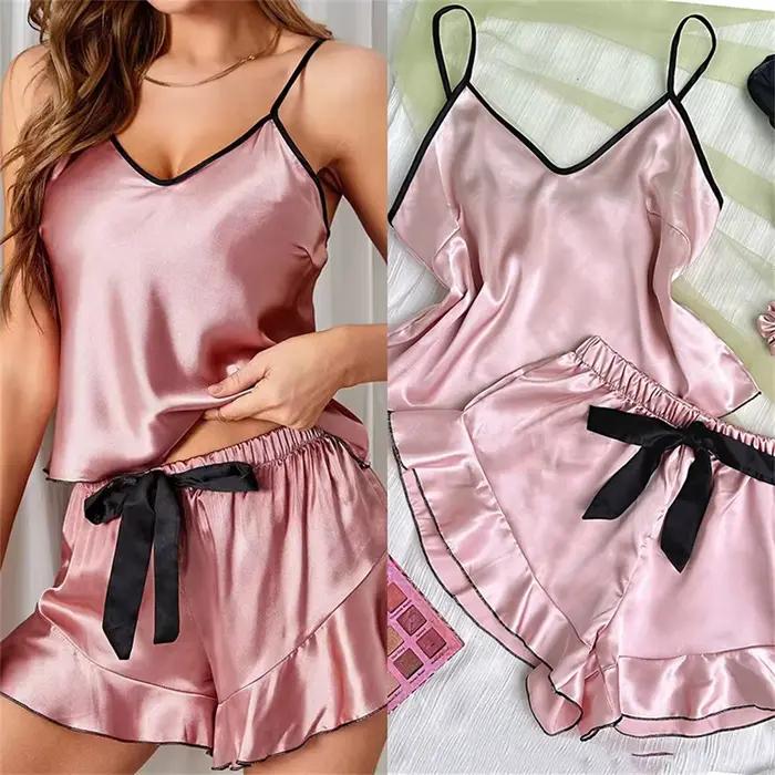 Ensemble pyjama en satin de soie pour femmes, col en V, bretelles spaghetti, shorts à volants, élégant et confortable pour les nuits d'été et toutes les occasions