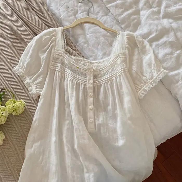 Robe de nuit longue blanche 100 % coton pur à manches courtes pour femme