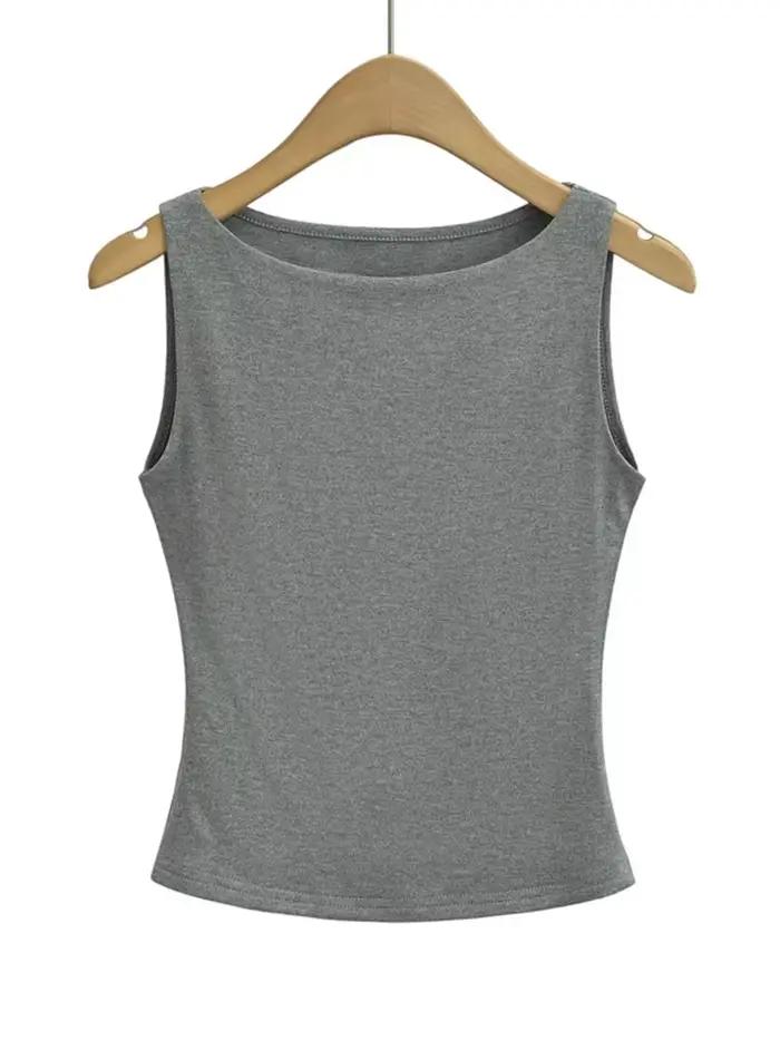 Débardeur moulant doux à col bateau double couche pour femme