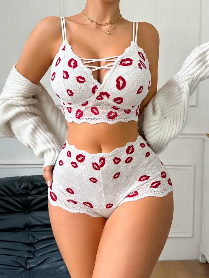 Ensemble de lingerie sexy en dentelle à imprimé lèvres pour la Saint-Valentin