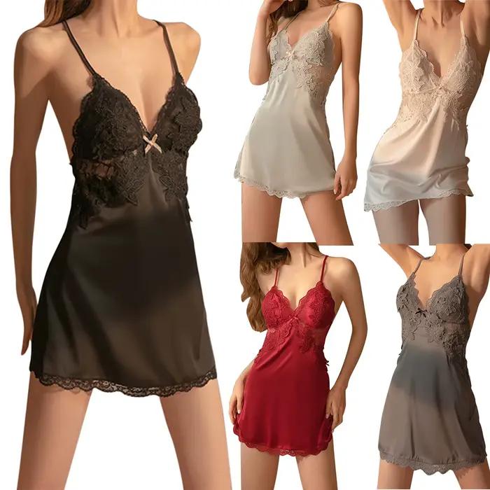 Lingeries Sexy bretelles Spaghetti Lingerie beauté dos dentelle broderie sous-vêtements couleur unie profond V fée doux vêtements de nuit