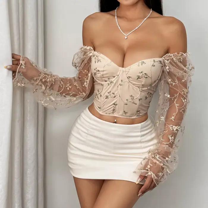 Corset sexy pour femme à manches longues, broderie florale en maille, bustier amincissant à baleines, coupe ajustée, polyvalent et tendance