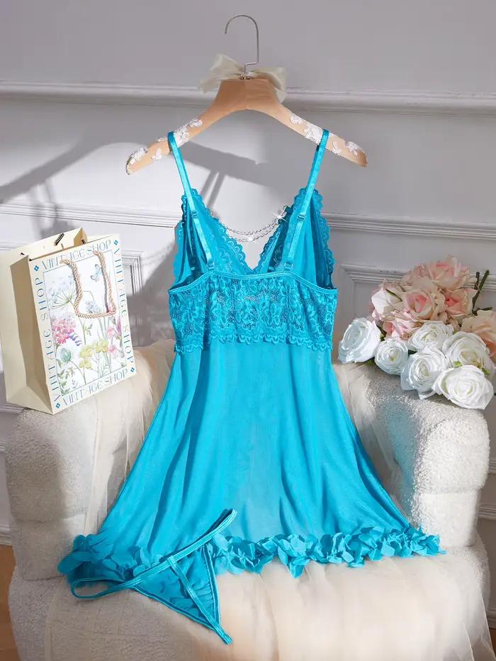 Ensemble de lingerie babydoll en dentelle bleue pour femme - Chemise à bretelles fines et col en V profond avec string