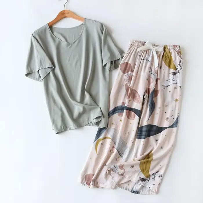 Femmes élégant 2 pièces imprimé fleuri vêtements de ménage dames ample mince rayonne pyjamas ensemble multicolore coton