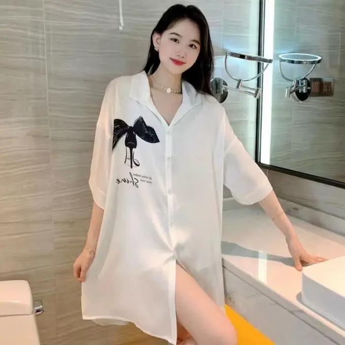 Chemise de nuit décontractée à motif nœud papillon pour femmes