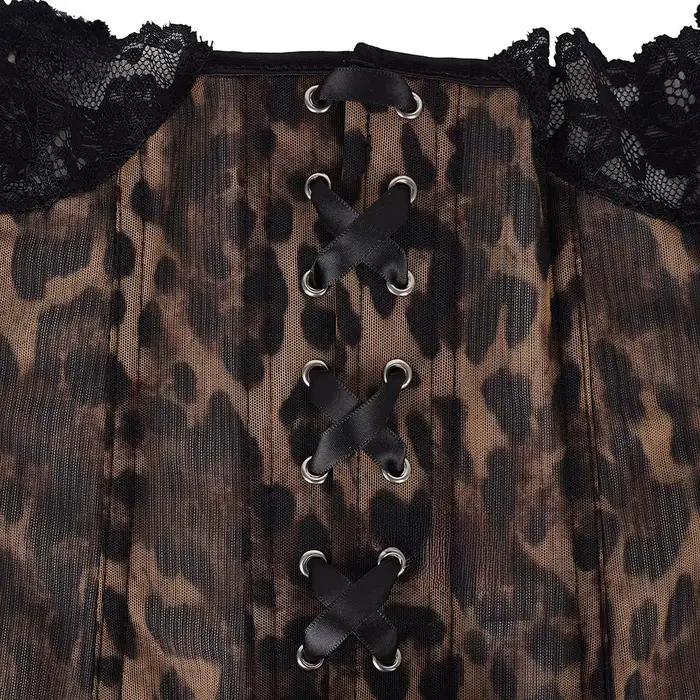 Corset sexy en maille imprimé léopard pour femme, style gothique vintage, en dentelle noire, bustier amincissant à baleines, top tube, gaine amincissante et serre-taille