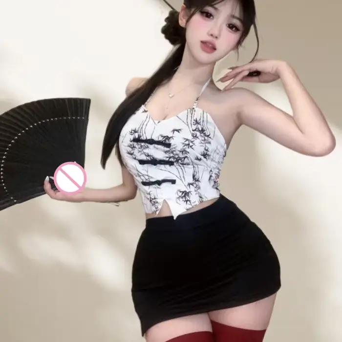 Nouvelle Lingerie Érotique Douce et Charmante Style Chinois – Ensemble Séduisant Haut de Gamme Imprimé avec Jupe Courte à Col Halter pour Femme