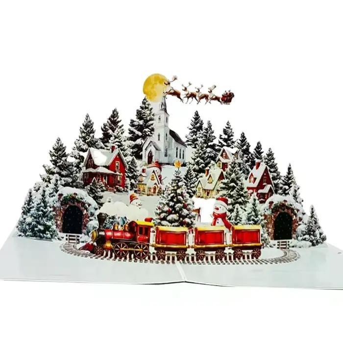 Carte de noël 3D, scène de nuit avant noël avec père noël, renne, Village enneigé et ciel clair de lune, carte de vœux de vacances Festive F