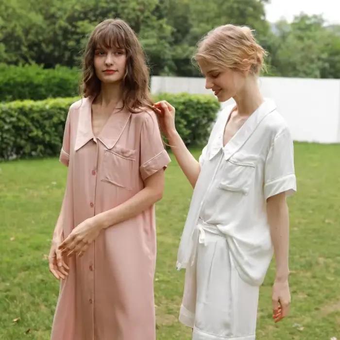 Robe de Nuit Mi-Longue à Manches Courtes et Col Rabattu pour Femme