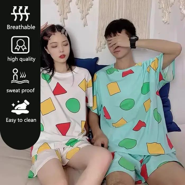 Pyjamas à manches courtes femmes été dessin animé mignon géométrique vêtements de nuit Homewear pull décontracté chemise