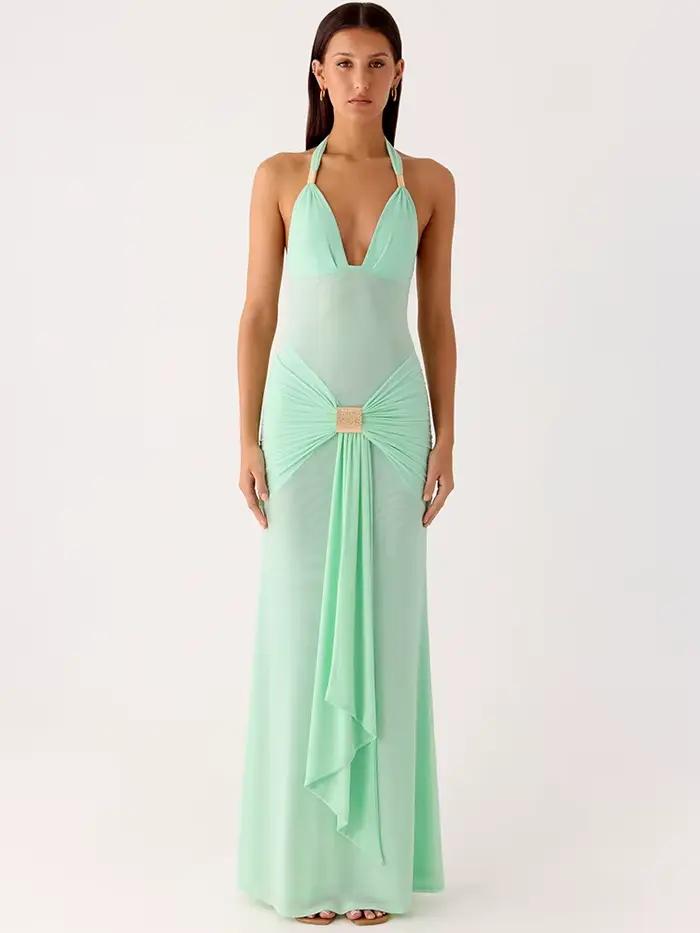 Robe longue sexy Mozision à col halter et décolleté plongeant pour femme