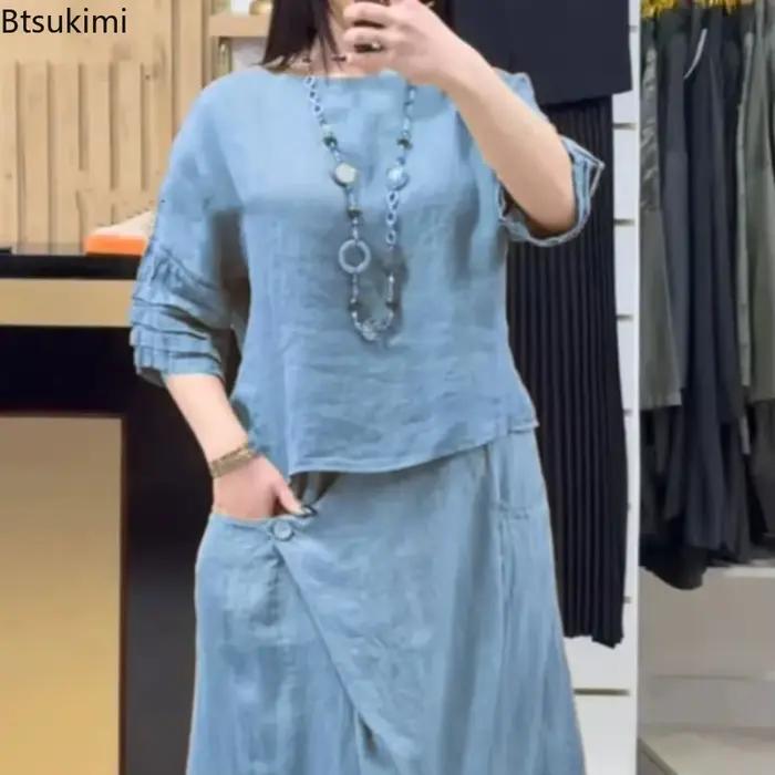 Nouvel ensemble chic deux pièces pour femme 2025 – Blouse unie décontractée et jupe midi ample – Tenue élégante