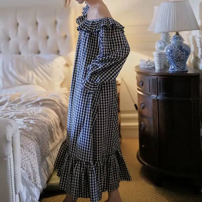 Chemise de nuit ample en coton 100% à carreaux rouges rétro anglais