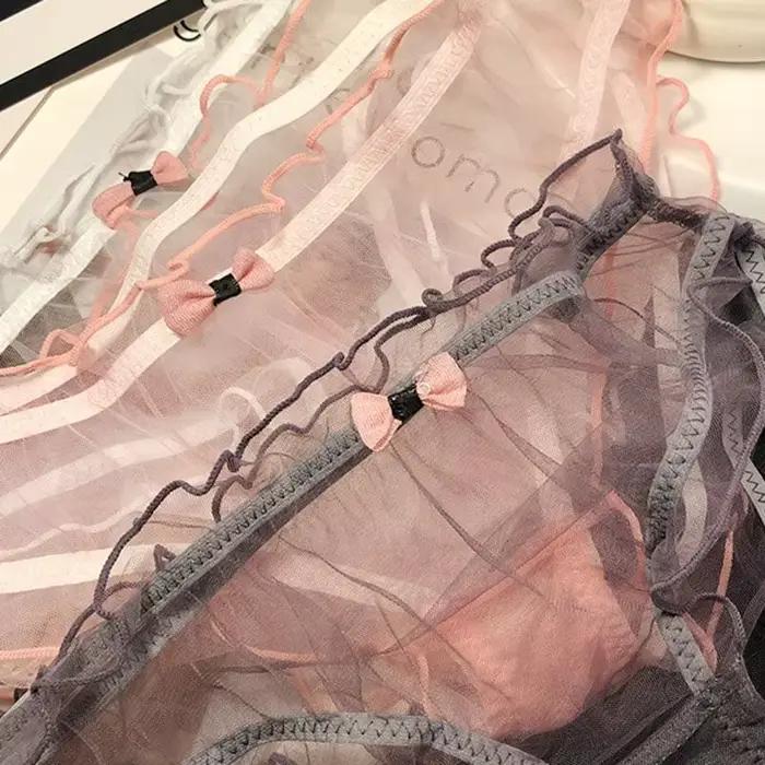 Femmes Sexy culotte transparente rose noeud coton entrejambe slips femme maille sous-vêtements respirants vague bord creux caleçon