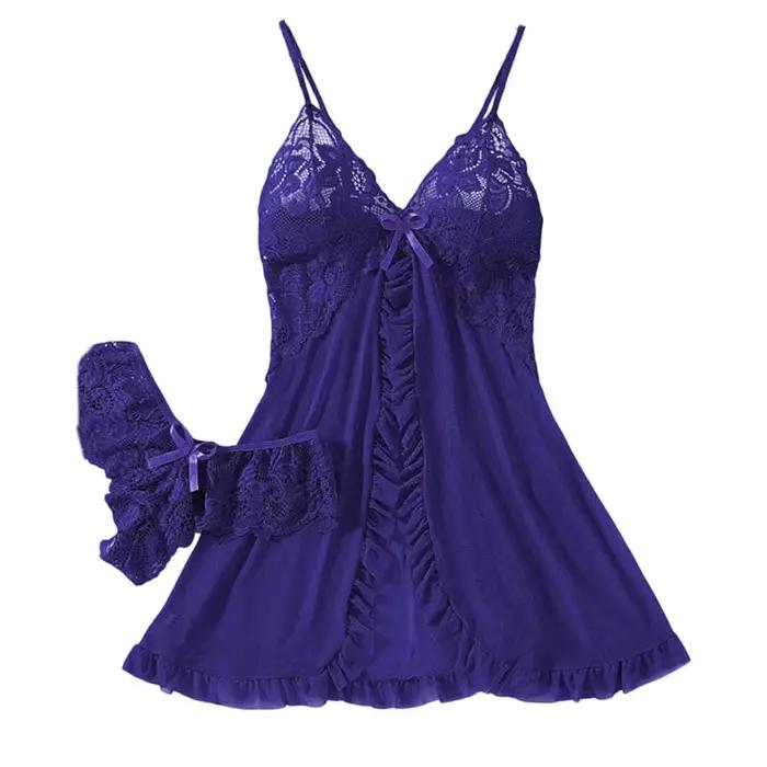Robe de nuit en dentelle transparente pour femmes, vêtements de nuit sexy, sans manches, dos nu, couleur unie, pyjama doux, court, col en v, ensemble tanga, été