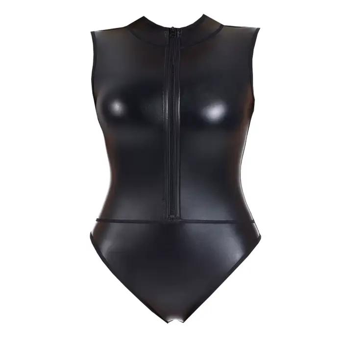 Femmes corps Shaper Sexy Lingerie avant fermeture éclair col haut gilet Faux cuir Body scène Performance uniformes une pièce combinaison