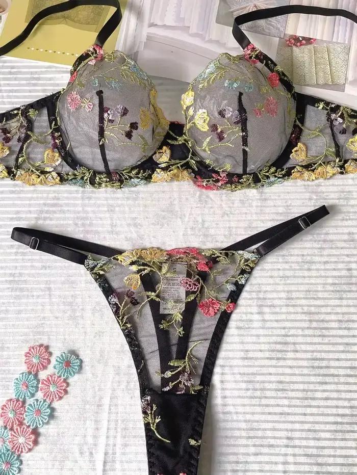 Yimunancy ensemble de Lingerie brodée florale femmes pure 2 pièces Boho soutien-gorge + culotte
