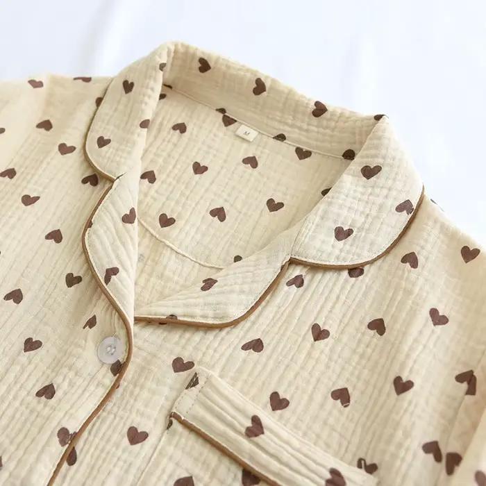 Femmes Pyjamas 2 pièces ensemble 100% coton gaze à manches longues pantalon mignon ours imprimé