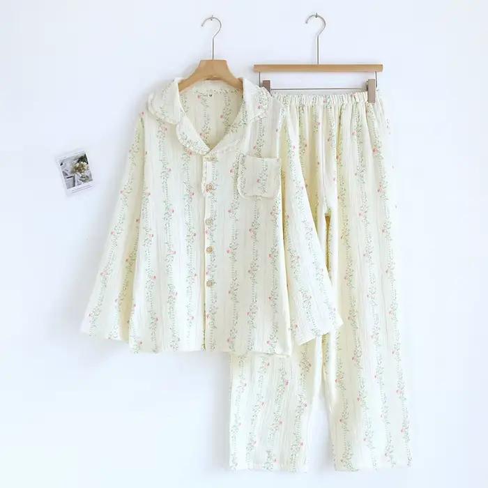 100% coton gaze femmes Pyjamas 2025 nouveau printemps/automne vêtements de nuit femme 2 pièces ensemble