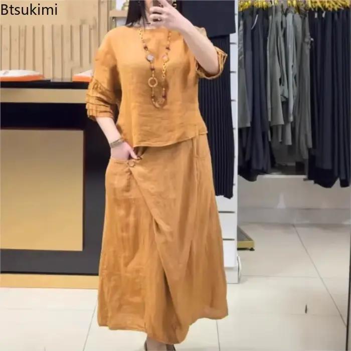 Nouvel ensemble chic deux pièces pour femme 2025 – Blouse unie décontractée et jupe midi ample – Tenue élégante