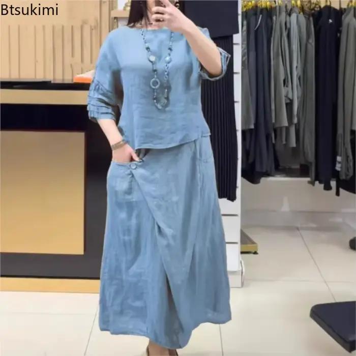 Nouvel ensemble chic deux pièces pour femme 2025 – Blouse unie décontractée et jupe midi ample – Tenue élégante