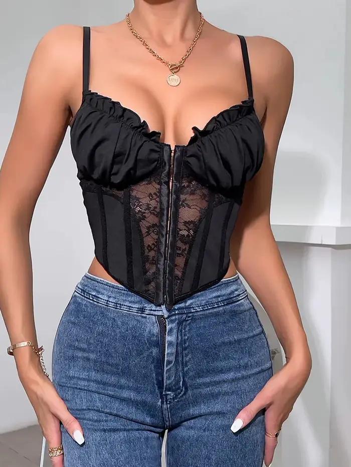1 pièce de corset en tulle noir à volants en dentelle