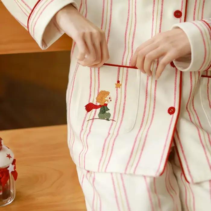 Ensemble pyjama vintage rayé avec col Peter Pan, coton brossé doux, style mignon, pour femmes, occasions spéciales automnales et soirs paisibles