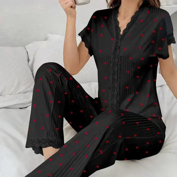 Pyjama pour femmes, ensemble de pyjama sexy en dentelle à col en U