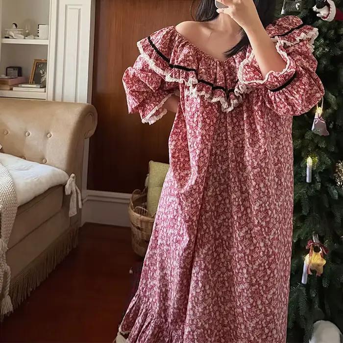 100% pur coton chemise de nuit femmes 2026 nouveauté printemps été français rétro doux fleur imprimé