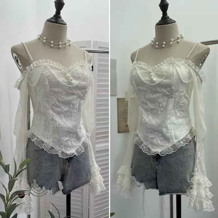 T-shirt en dentelle vintage ISAROSE pour femmes, style français, sans bretelles, imitation perles, bretelles, col en V, manches évasées en maille, hauts slim