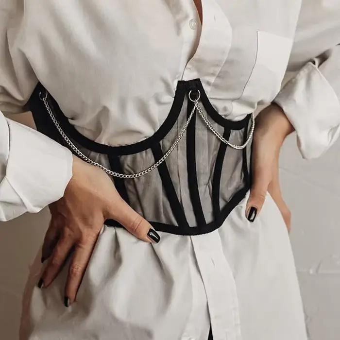 Corset sous-poitrine noir avec chaîne punk pour femmes style gothique dentelle ajustable tous les jours