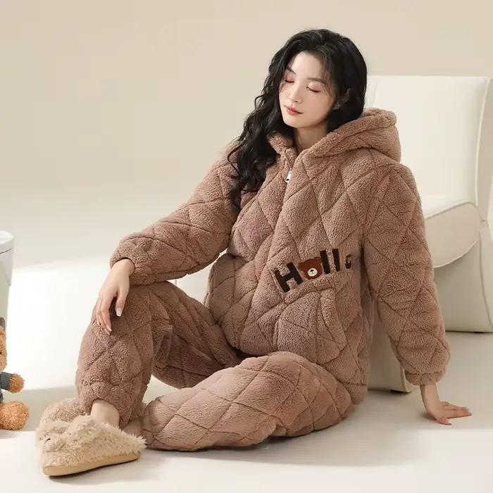 Hiver femmes pyjamas ensemble 3 couches pince coton à capuche Pijama femme épais chaud mignon dessin animé vêtements de nuit
